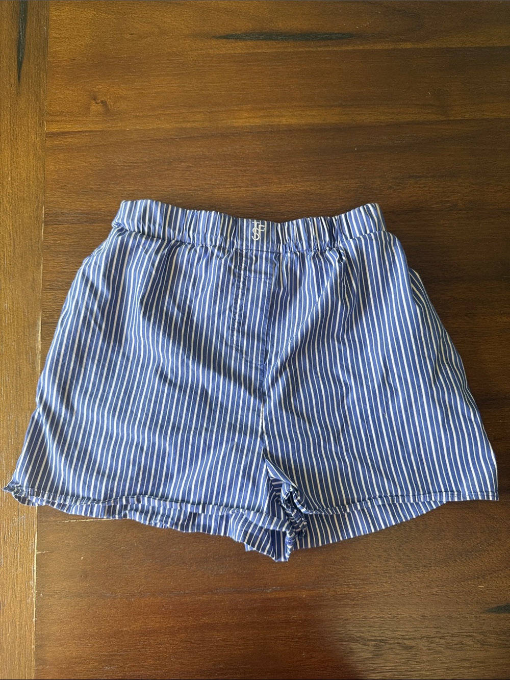 The Frankie Shop Blue and White Striped High-Waist Shorts